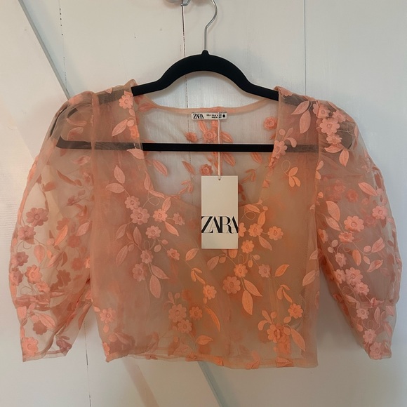 Zara Women's Floral Sheer Crop Top - Peach NWT - Picture 2 of 6